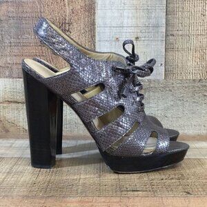 Coach Sandals Moreen Womens 8B Gray Leather Metallic Embossed‎ Snakeskin Heel